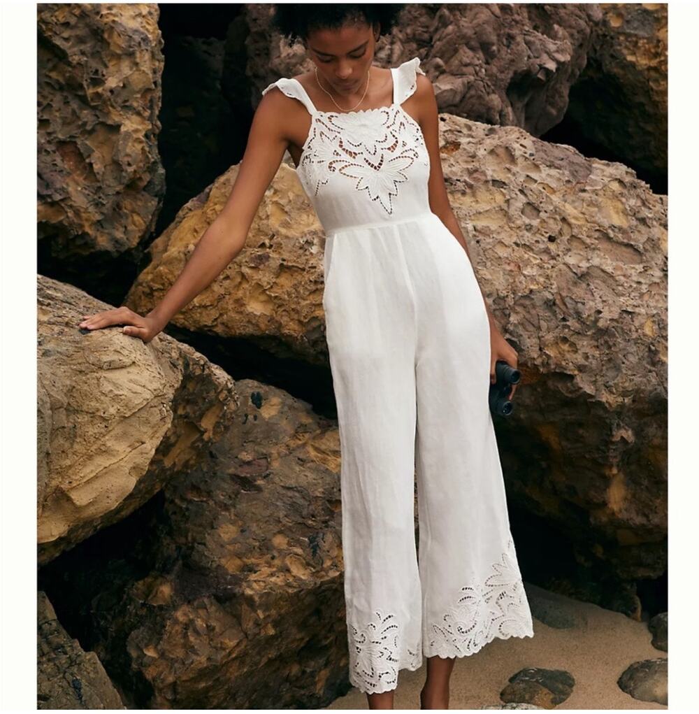 BY ANTHROPOLOGIE Jumpsuit SZ Extra Small NWT Linen Blend Ivory Eyelet Floral